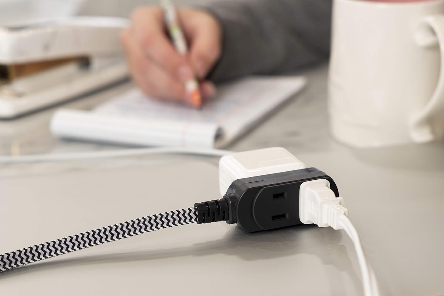Cordinate Designer Extension, 2 Prong Power Strip, Extra Long 8 Ft Cable with Flat Plug, Braided Chevron Fabric Cord, Slide-to-Lock Safety, Black/White, 39984 3 Polarized Outlets, 8 ft, 8 Ft - - 