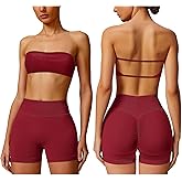 ABOCIW Workout Sets for Women Backless Bandeau Sports Bra Seamless Scunch Butt Lifting High Waist Biker Shorts Gym Set