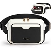 RAINSMORE Fanny Packs for Women, Leather Belt Bag Waterproof Everywhere Crossbody Waist Pack with Adjustable Strap Retro Sling Chest Bag for Work Running Travel Party, Black with White