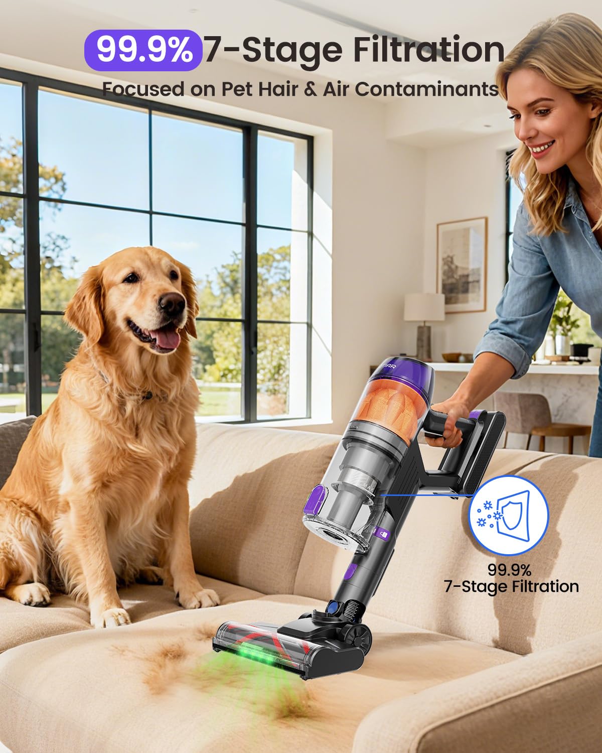 Cordless Vacuum Cleaner,500W 40KPa 60Mins Vacuum Cleaners for Home,Powerful Stick Vacuum With Green Light,Anti-tangle Wireless Vacumm, Rechargeable Vacuum for Pet Hair/Carpet/Hardwood Floor,Purple