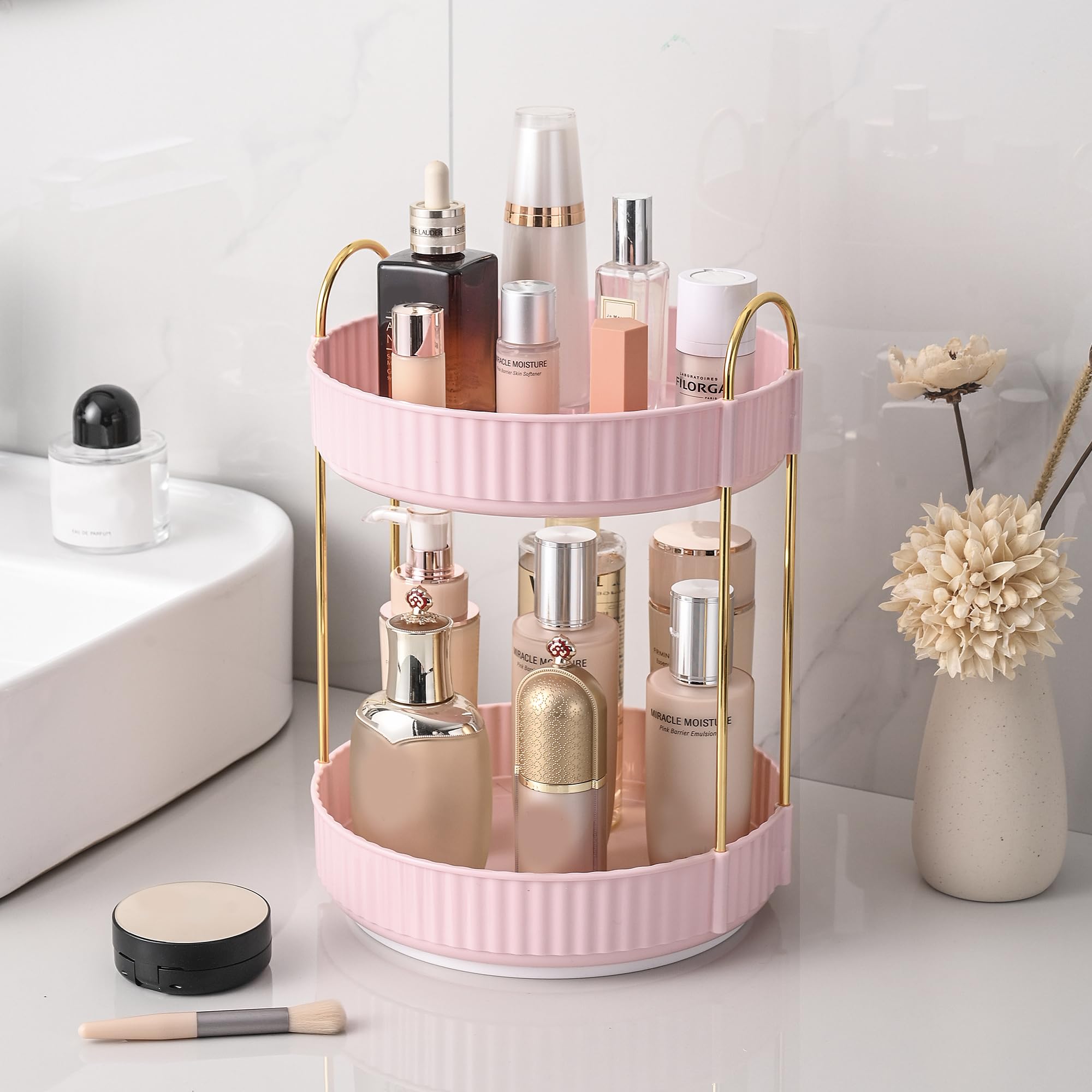 Photo 1 of Aveniee 360 Rotating Makeup Organizer for Vanity, Skincare Perfume Organizers, Bathroom Countertop Organizer and Storage, Clear Cosmetics Lipstick Holder for Dresser,2 Tiers, Pink