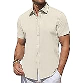 DEMEANOR Linen Shirts for Men Short Sleeve Button Down Shirts Summer Beach Casual Linen Button Up Shirt Vacation Wedding