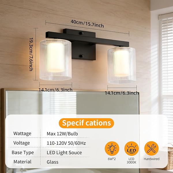 NWAPRH 2-LIGHT BATHROOM VANITY LIGHT, 15.75″ MATTE BLACK LED BATHROOM LIGHT FIXTURE WITH RIBBED GLASS SHADES, 3000K WARM WHITE WALL SCONCE, UP/DOWN MOUNT MODERN LIGHTING FOR MIRROR CABINET