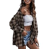 Zontroldy Plaid Flannel Shirts for Women Oversized Long Sleeve Button Down Buffalo Plaid Shirt Blouse Tops