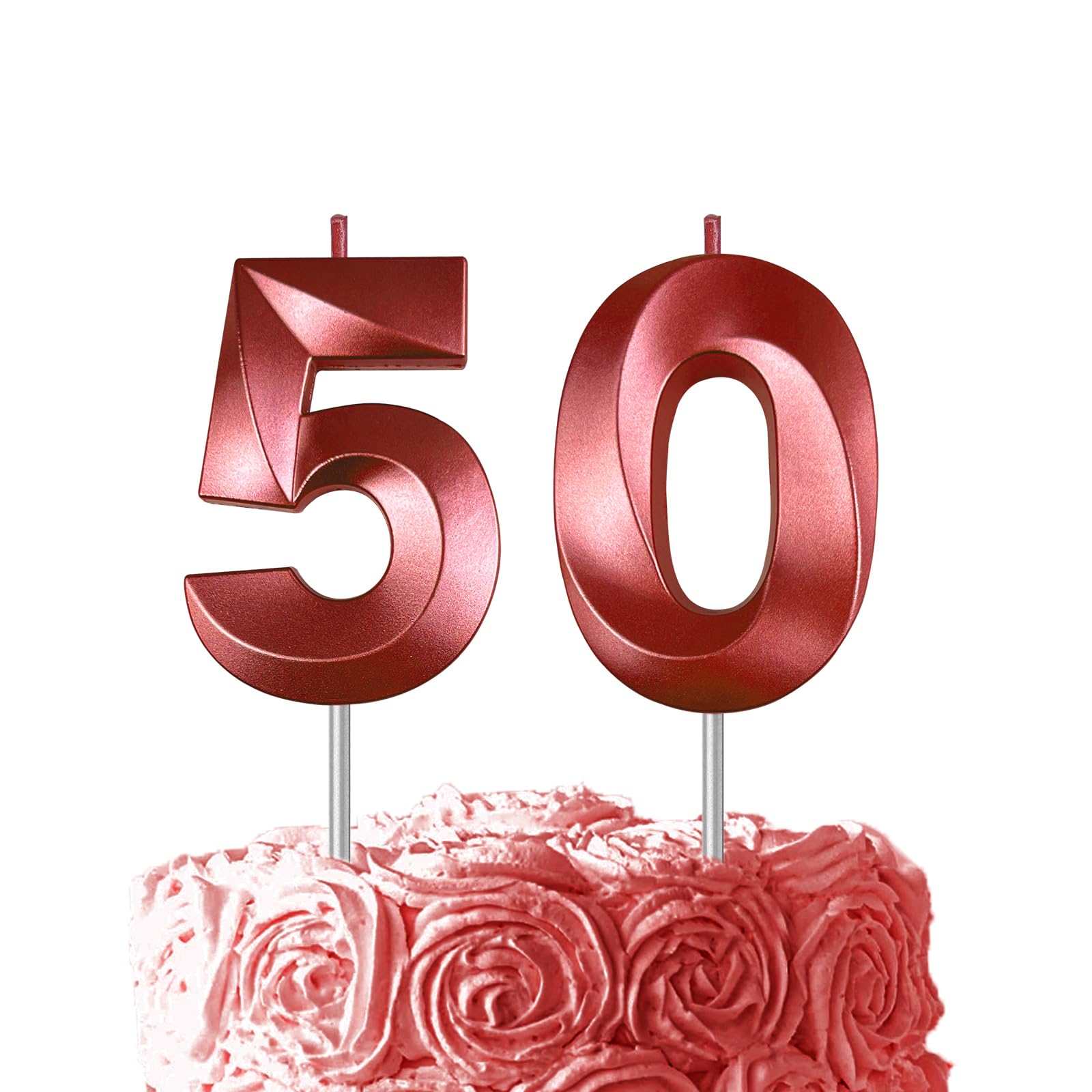 Red Number 50 Candles, 3D Diamond 2.76 Inch Cake Topper Birthday Candles for Wedding Anniversary Cake Decorations, Happy Birthday Party Decorations