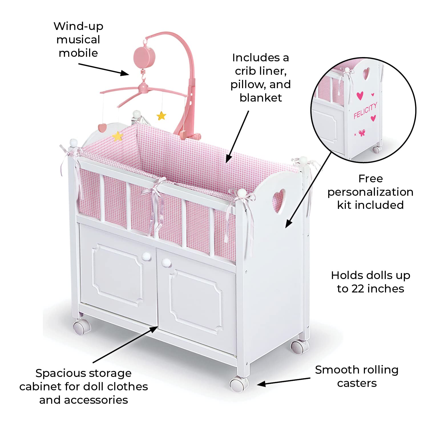 Badger Basket Wooden Toy Doll Bed with Storage, Mobile, and Bedding to Pretend and Play - Includes Wheels and Free Personalization Kit - White with Pink Gingham Fabric