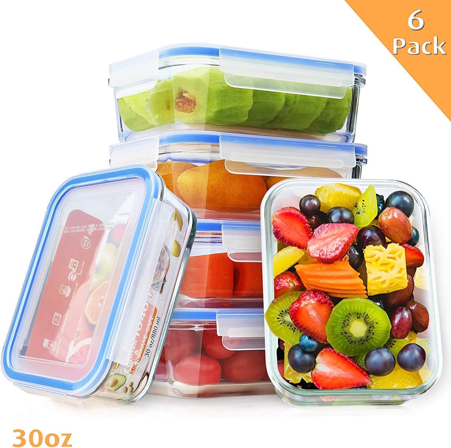 Enther 6 Pack 30 oz Glass Food Storage Containers Meal Prep with Lids Airtight Bento Box for Lunch Oven/Freezer/Dishwasher/Microwave Safe Leakproof, 6pack, Clear