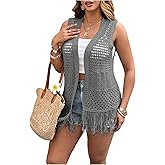 BEAUDRM Women's Plus Size Boho Fringe Sleeveless Cardigan Open Front Hollow Out Crochet Knit Vest
