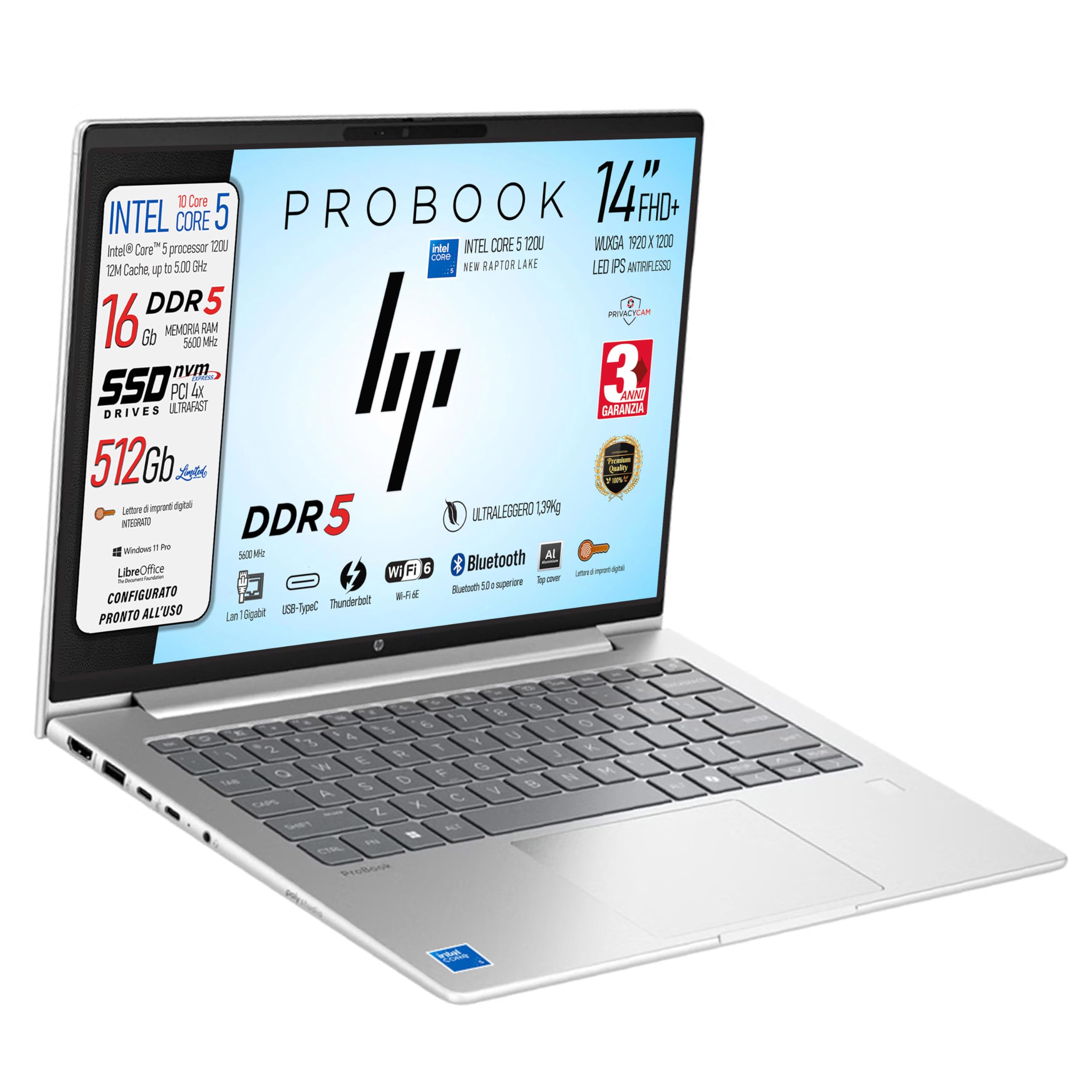 HP ProBook Notebook pc, Intel Core5 120U 10Core 5.00 GHz, SSD 512Gb, Ram DDR5 16Gb, Display 14" IPS FHD+ WUXGA, USB Type-C, Lan, Fingerprint, pronto all'uso