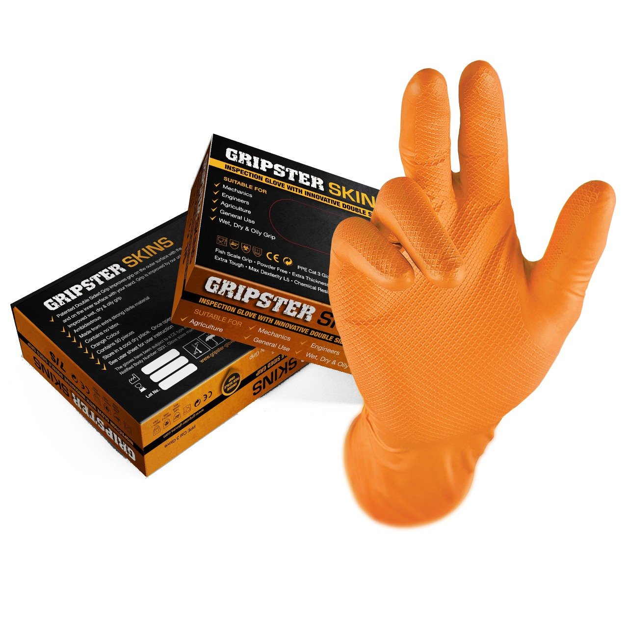 Gripster Skins Extra Tough Nitrile Disposable Gloves - 50 Pack / 25 Pairs - (Small/Size 9, Large)