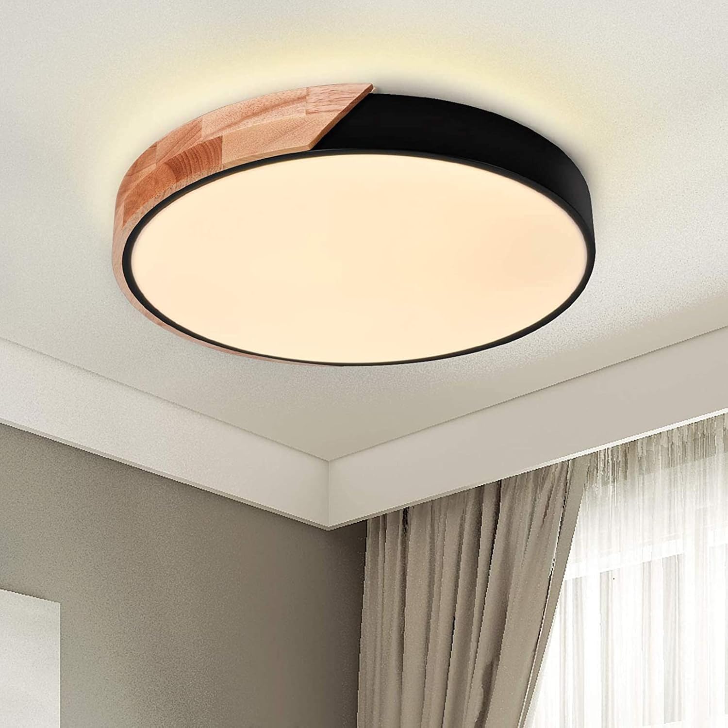 ZZFF Dimmable Wood Ceiling Light,Minimalist Flush Mount Led Light Close