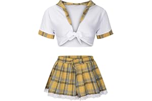 Zzalalana Sexy School Girl Lingerie for Women Sex Naughty Student Costume Roleplay Lingerie Lace Up Plaid Top and Skirt Set