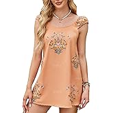 OFSOAK Womens Floral Embroidered Dresse Boho Cotton Linen Mini Dress Casual Summer Short Babydoll Sundress Yellow