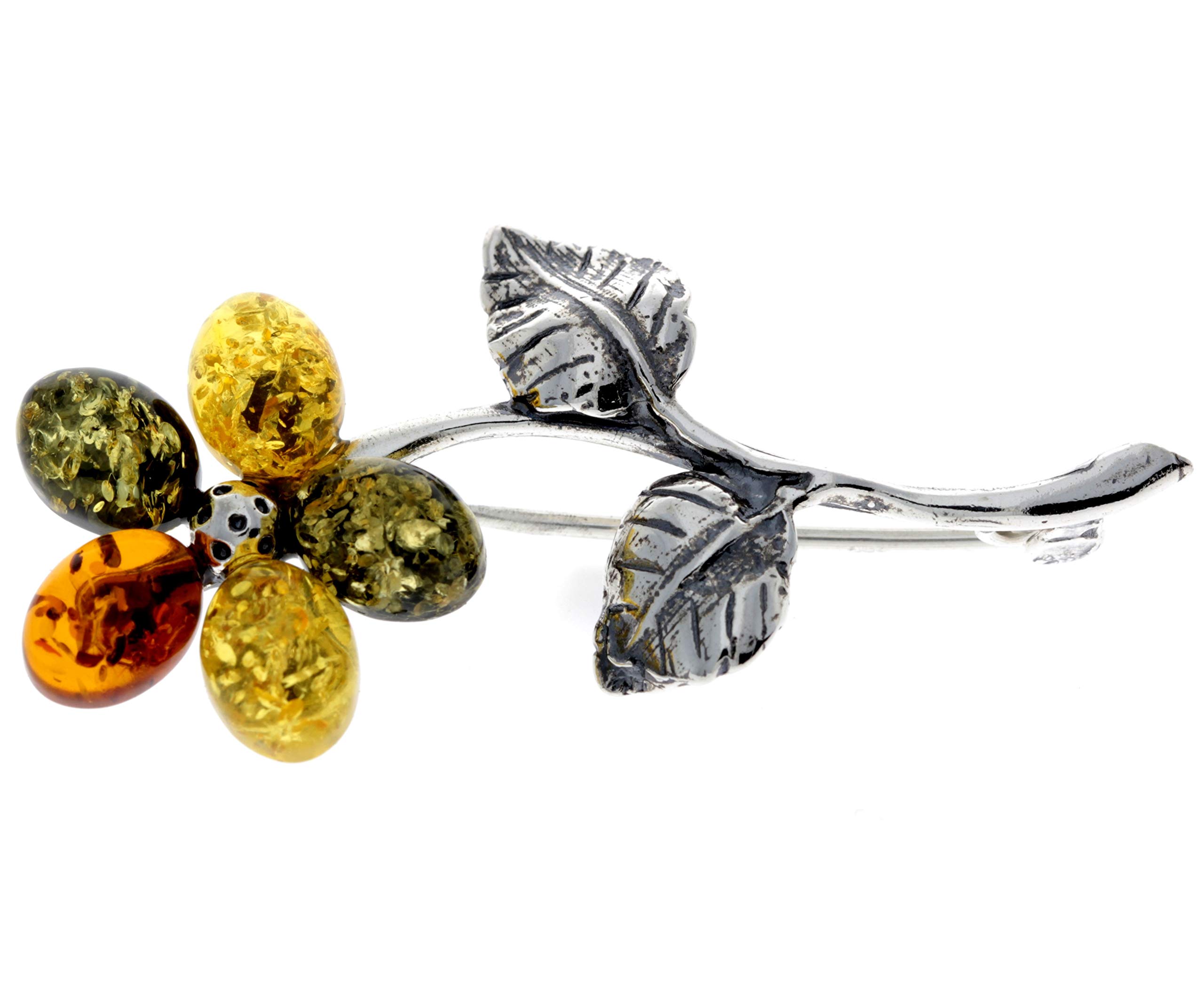 SilverAmber Jewellery Genuine Mix Baltic Amber & Sterling Silver Exclusive Flower Brooch - 4015M — image 1