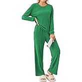 Ekouaer Lounge Sets for Women Ribbed Knit Pajama Sets 2 Piece Long Sleeve Pjs Soft Loungewear Outfits with Pockets