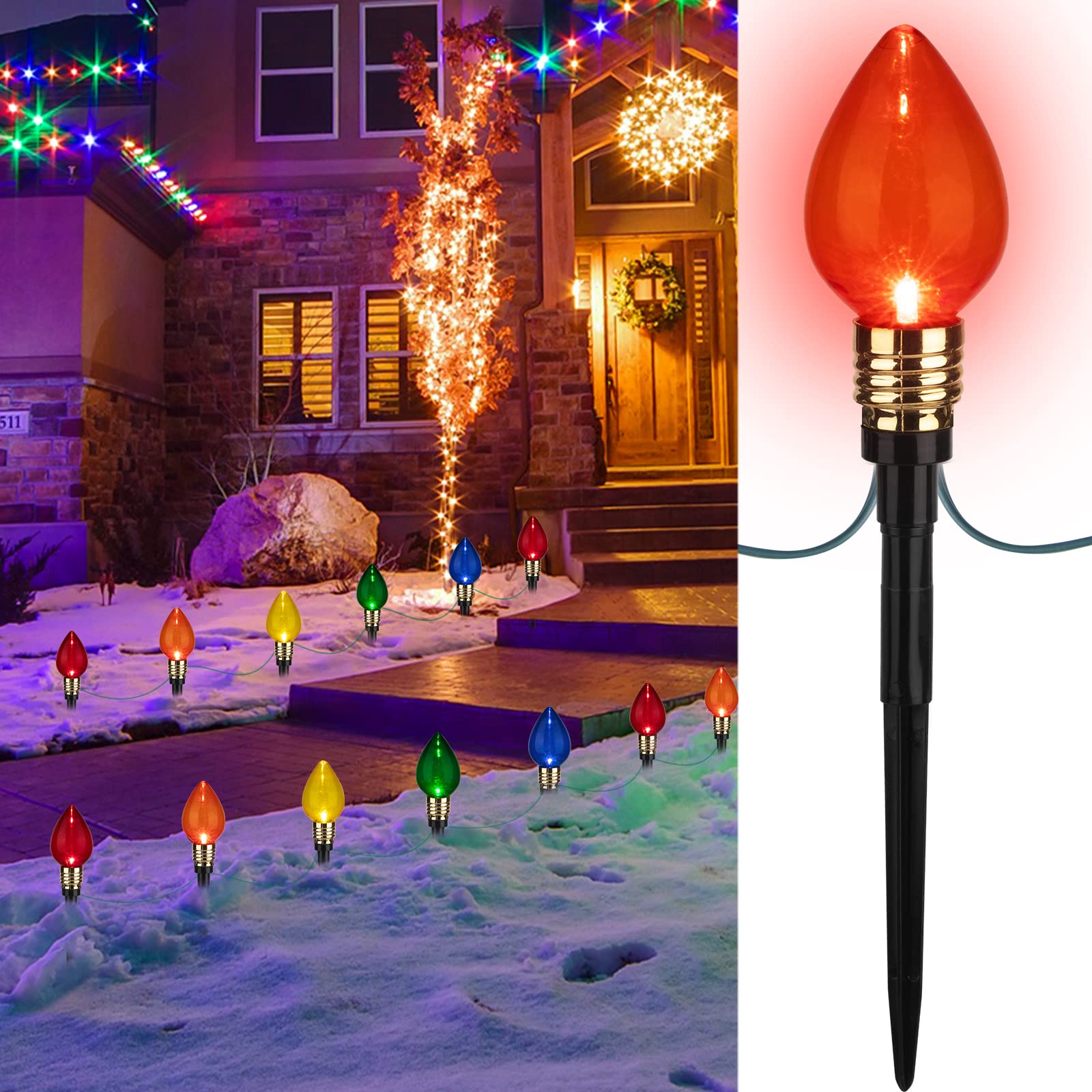 Photo 1 of 2 Pack C9 Christmas Pathway Lights Outdoor, Total 34.8 Ft 20 LED C9 Pathway Light, Waterproof Connectable Walkway Lights for Yard Ground Sidewalk Driveway Christmas Decorations