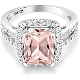 Gem Stone King 3.82 Cttw Peach Nano Morganite Engagement Ring For Women | 925 Sterling Silver | Emerald Cut 10X8MM | Wedding Engagement Anniversary Promise Ring For Women