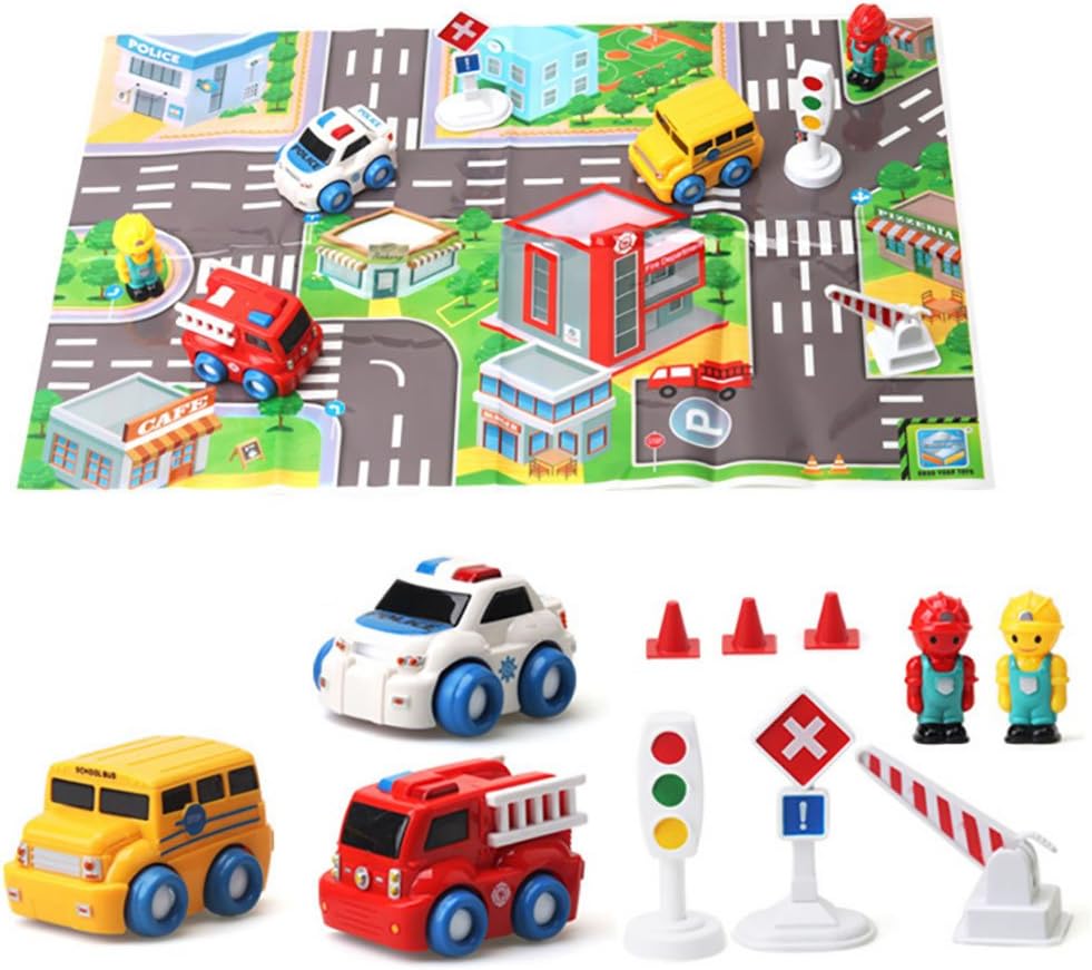 Push and Go Car Playset with Bus Rescue Car Roadway Toy Play Mat and Traffic Signs for Kids 3 Years Old
