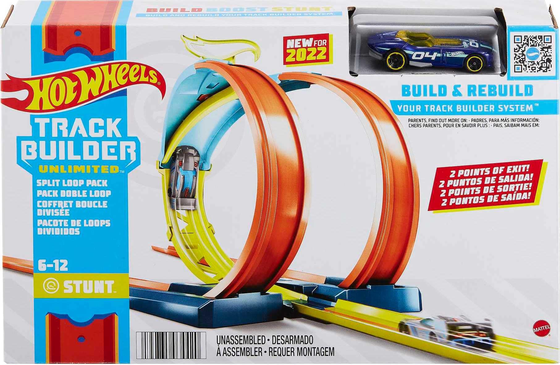 Hot Wheels Track Builder Unlimited Split Loop Pack, Loop with 2 Exit Options, Connects to Other Sets, Includes 1 Hot Wheels Car, Gift for Kids 6+, HDX77