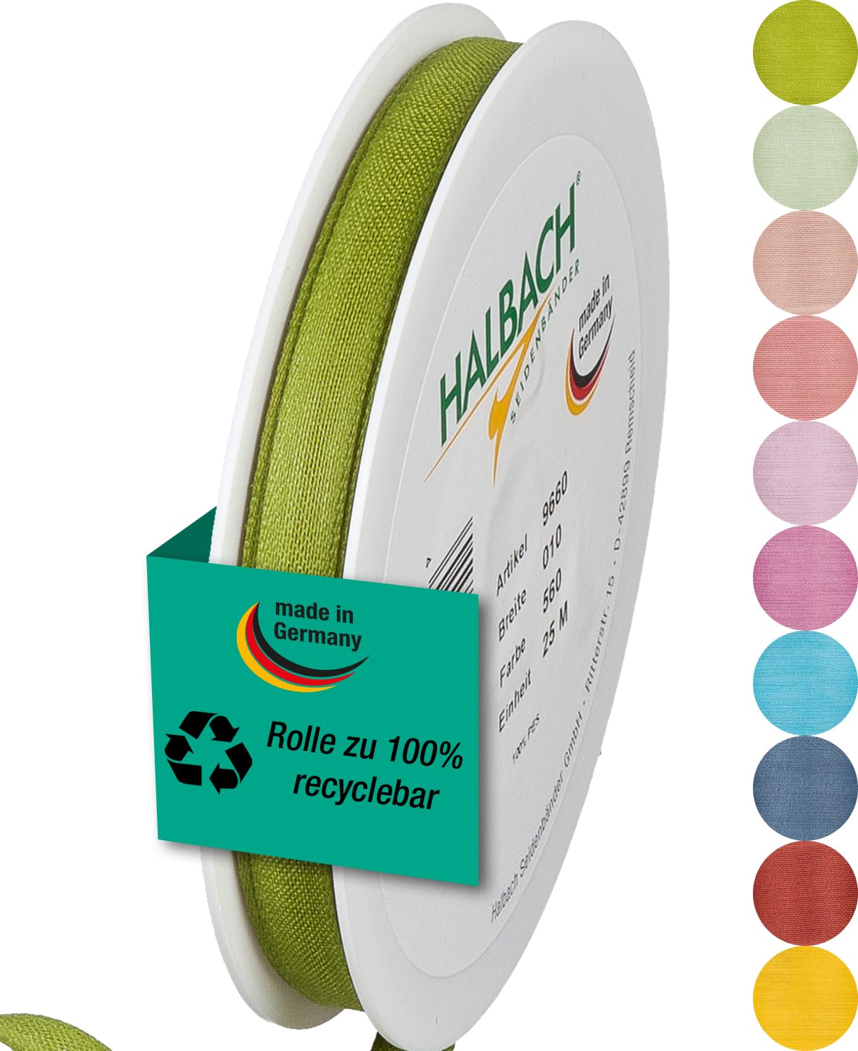 Halbach Seidenbänder Gift Ribbon Width 10 mm Length 25 m Ribbon Made in Germany Gift Ribbons in a Variety of Colours and Widths Perfect for Packaging and Decorating, Colour: Green — image 1