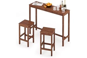 Cozyman 53 inch Bar Table and Chairs Set, Acacia Wood Pub Table with 2 Stools, Rectangular Counter Height Table Set for Dining Room, Kitchen, Living Room, Teak Brown