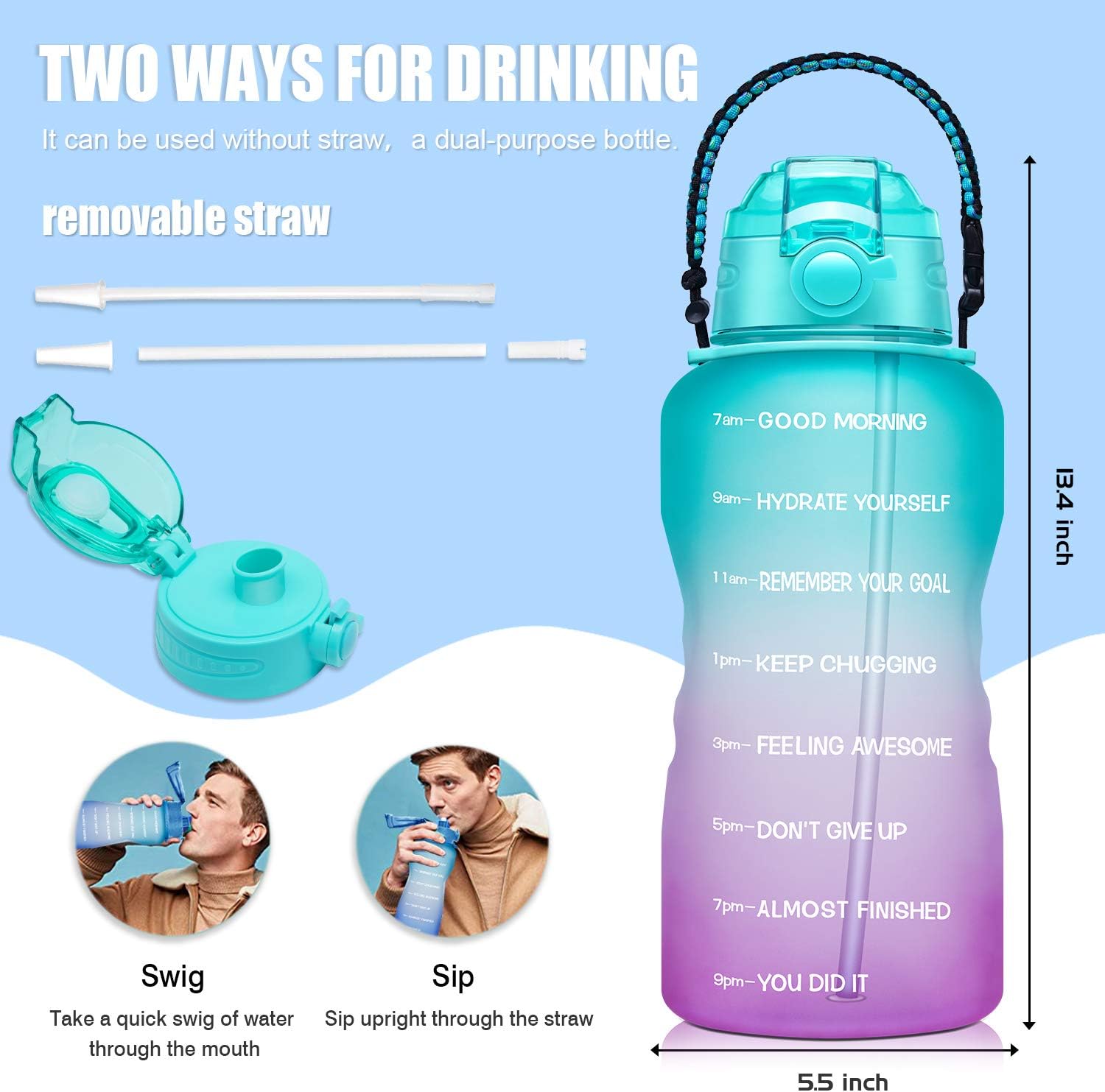 Fidus Large 1 Gallon Motivational Water Bottle with Paracord Handle & Removable Straw - BPA Free Leakproof Water Jug with Time Marker to Ensure You Drink Enough Water Throughout the Day-Green/Purple : Sports & Outdoors
