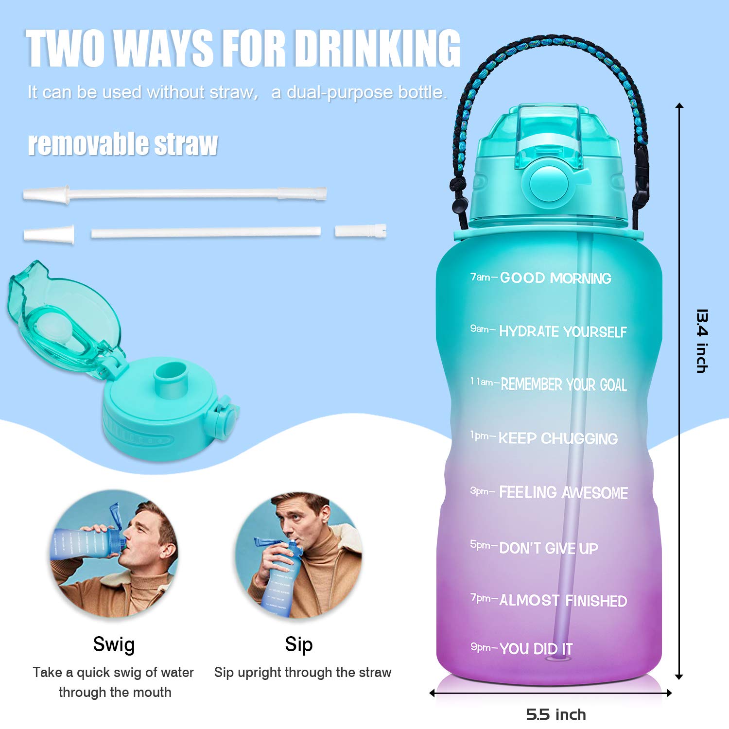 Fidus Large 1 Gallon Motivational Water Bottle with Paracord Handle with Removable Straw BPA Free Leak Proof Time Marker with Time Marker for Reminding Enough Water for Every Day 1 Gallon