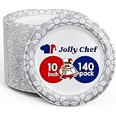 JOLLY CHEF 10 inch 140 Pack Disposable Paper Plates,Soak Proof, Cut Proof, Heavy Duty Printed Paper Plates for Everyday Use