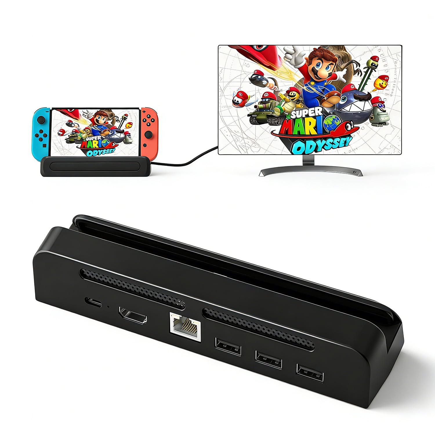 Kstkry TV Dock Station for Nintendo Switch/OLED,Portable Dock with 1000Mbs LAN Port 4K HDMI TV USB 2.0 Port and USB C Charging Port for Nintendo Switch(Not Support Switch 2