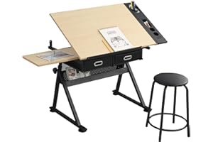 Ibraccieni Adjustable Drafting Table with Stool, 0-75° Tilting Drawing Desk Artist Table with 2 Storage Drawers, Art Craft Workstation for Drawing, Crafting, Reading, Writing, Home Office