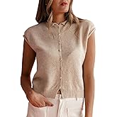 HOXIJIA Women Solid Color Button Down Knit Vest Causal Lapel Collar Cap Sleeve Sweater Shirt Summer Outgoing Streetwear