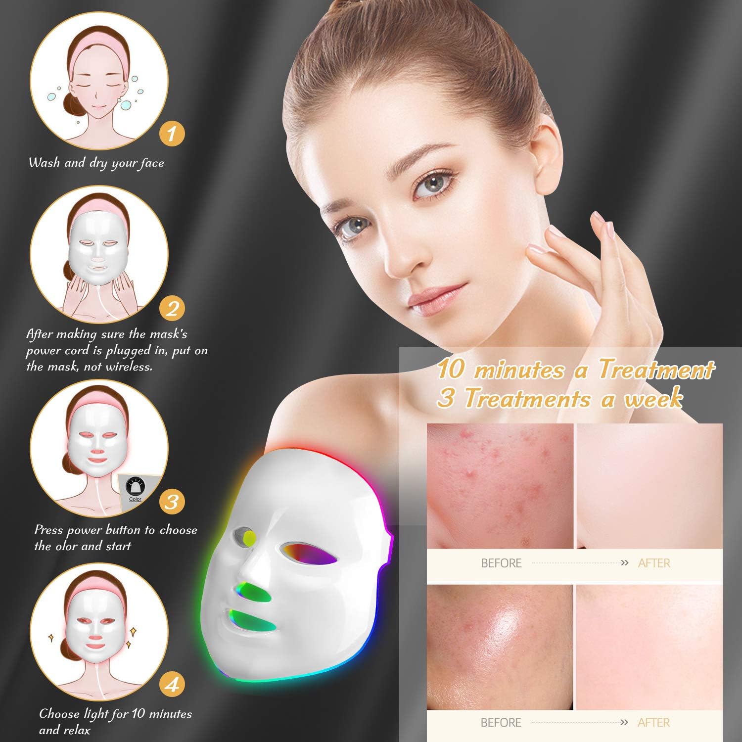 obqo Led Face Mask-7 Color Photon Red Blue Light Therapy for Skin Rejuvenation Treatment, 5 Piece Set - Image 4