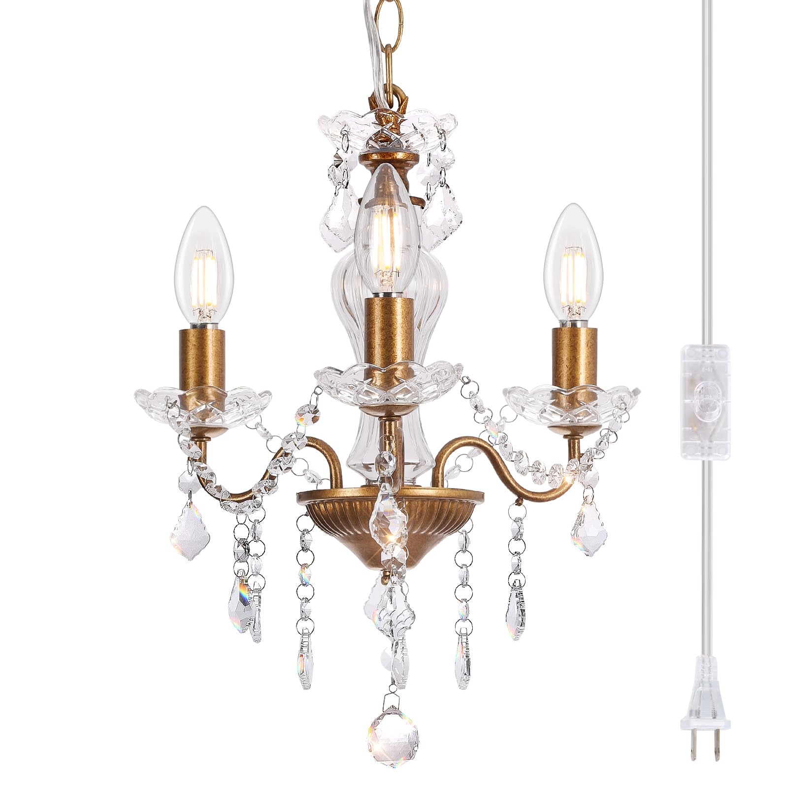 Photo 1 of Chanlited Plug in Modern 3-Light Vintage Gold Chandelier with Glass Crystals, Candle Style Pendant Light Fixtures for Living Room, Girls Room, Kitchen Island, Entryway