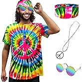 XonyiCos Hippie Costume for Men Women 60s and 70s colorful T-shirt sunglasses headband Peace necklace 4-piece theme party