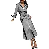 ebossy Women's Cotton Shirt Dress Casual Retro Lapel Long Sleeve Button Down Belted Plaid Maxi Dress with Pockets