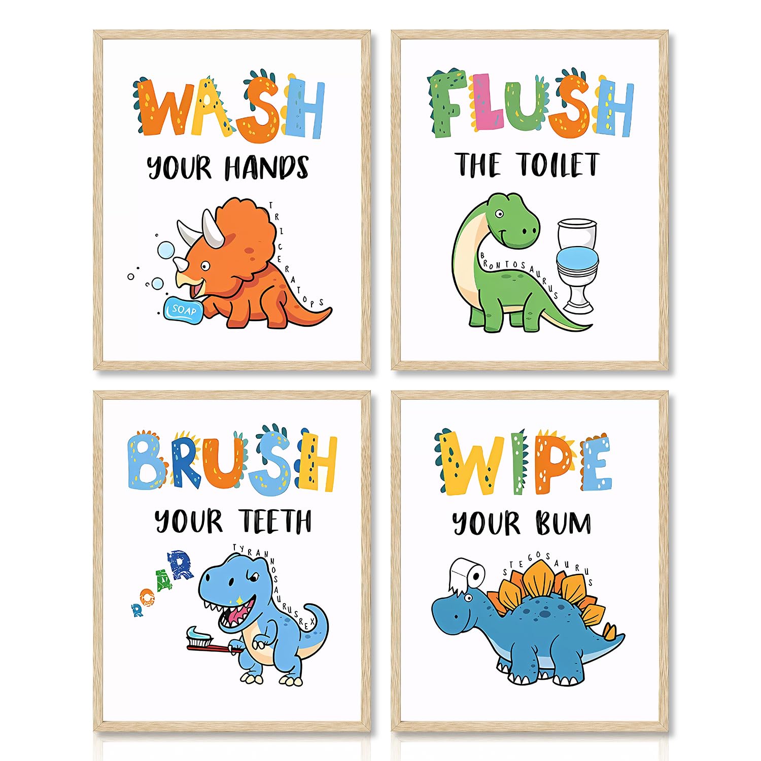 Dazzlewall 4 PCS Dinosaur Bathroom Wall Art Prints Inspirational Quotes Poster, Funny Dinosaur for Bathroom Kids Room Decor 8x10 in Unframed