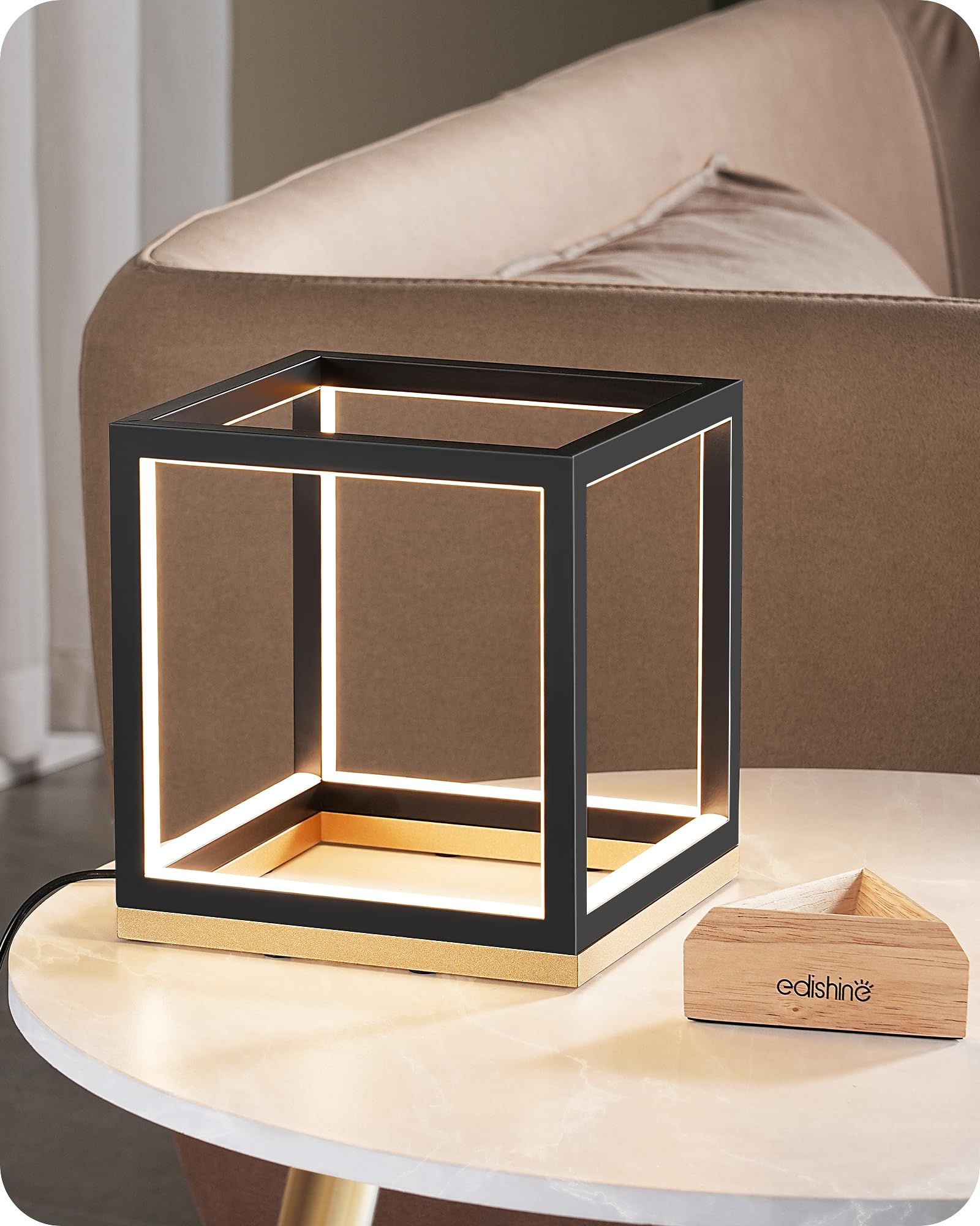 Photo 1 of EDISHINE Modern LED Table Lamp, Minimalist Bedside Lamp with Solid Wood Base, 3 Way Dimmable, 3000K/4500K/6000K, 470LM, Black Gold Square Geometric Nightstand Lamp for Living Room, Bedroom, Office