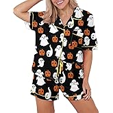 KevaMolly Womens Pajama Sets Pink Flower Print Buttoned Drawstring Waist Lounge Set Short Sleeve Top and Shorts