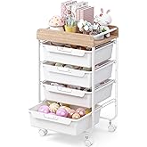 SYKIARIOL Rolling Storage Utility Cart with 4 Drawers,Kids Craft Art Cart,Makeup Organizer and Storage with Wooden Tabletop,White