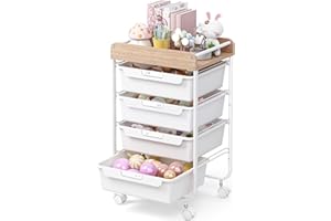 SYKIARIOL 4 Drawer Rolling Utility Cart with Wooden Top and Handle, Craft Storage Cart with Lockable Wheels, Multi-Purpose Or
