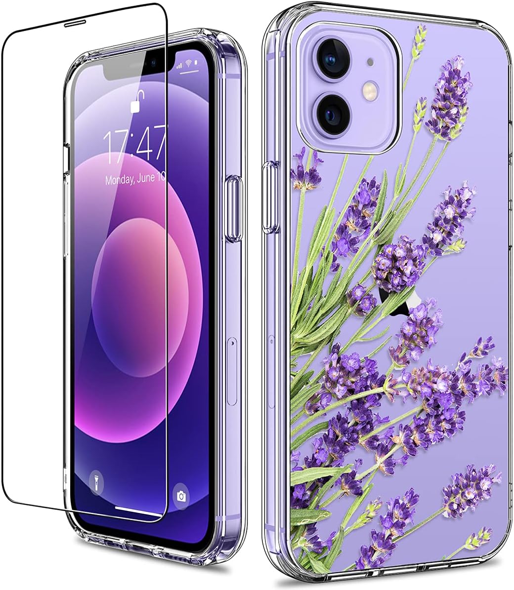 GiiKa for iPhone 12 Case, iPhone 12 Pro Case with Screen Protector, Clear Full Body Protective Floral Girls Women Shockproof Hard Case with TPU Bumper Cover Phone Case for iPhone 12, Purple Flowers