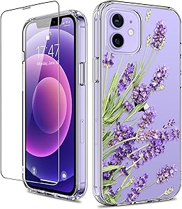 GiiKa for iPhone 12 Case, iPhone 12 Pro Case with Screen Protector, Clear Full Body Protective Floral Girls Women Shockproof Hard Case with TPU Bumper Cover Phone Case for iPhone 12, Purple Flowers