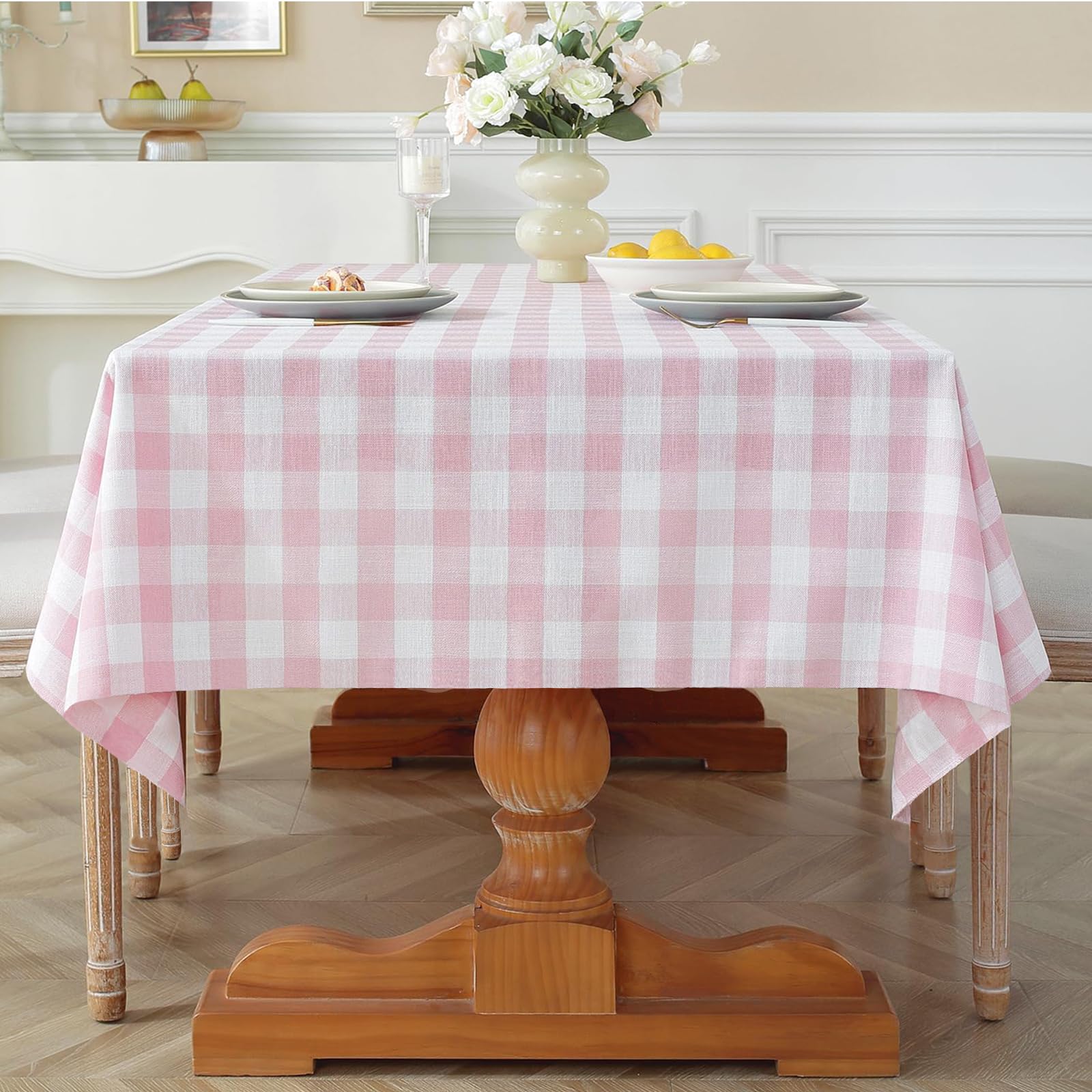 Photo 1 of Laolitou Pink Gingham Table Cloth Rectangle Tables Buffalo Plaid Checkered Tablecloth Cotton Linen Farmhouse Tablecloths Washable Wrinkle Free for Baby Shower Picnic Kitchen, 60"x75" 4-6 Seats