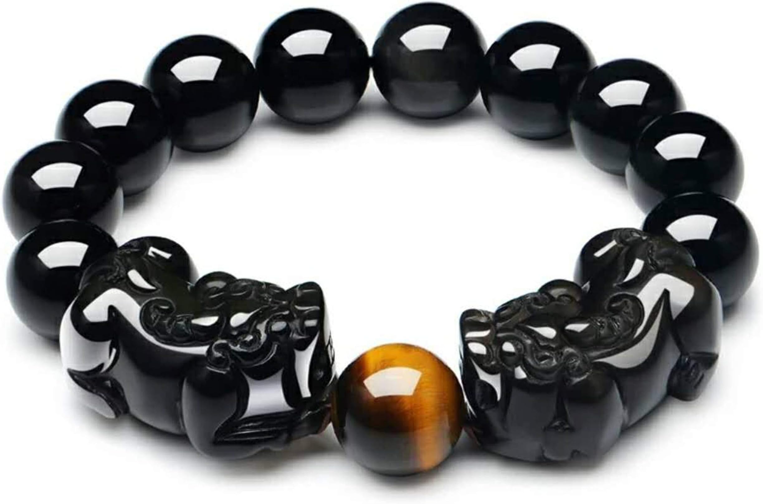 ReikocrystalbeadsNatural Black Obsidian 16mm Gemstones Healing Crystal Stretch Beads Bracelet Pixiu Bangle
