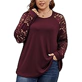 SCOMCHIC Plus Size Tops for Women Elegant Lace Long Sleeve Blouses Crew Neck Fall Dressy Shirts Loose Casual Tunics Tops