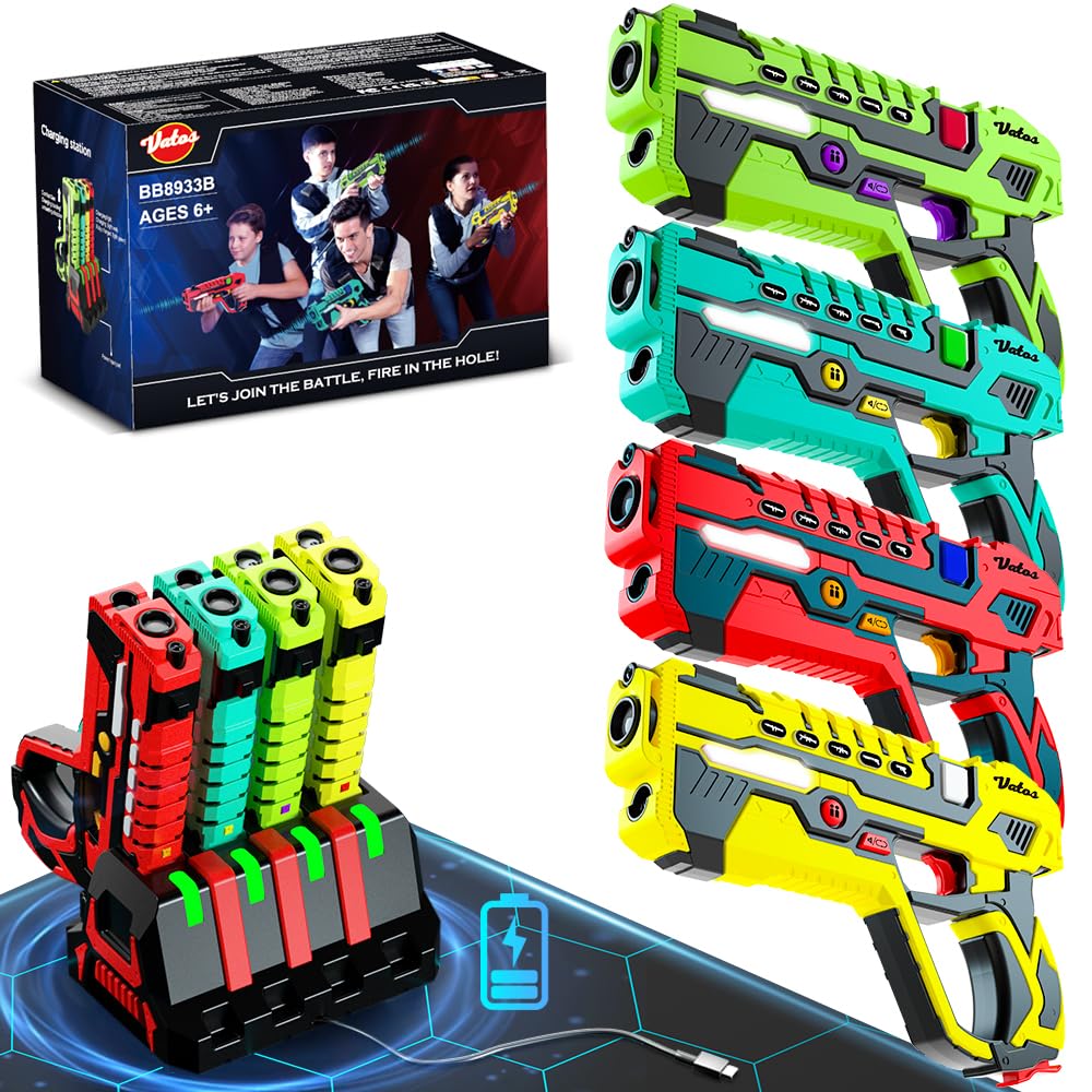 Rechargeable Laser Tag Guns Set - VATOS Laser Tag 4 Player with Charging Station, No Vests Needed, Infrared Laser Guns with Data Display for kids Teen Adults Family Group Activity Game for All Ages
