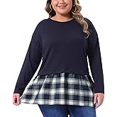 Agnes Orinda Women's Plus Size Long Sleeve t Shirt Tops Crew Neck Patchwork Blouse Basic Tee Top Casual Dressy Fall