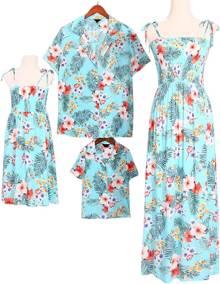 Mumetaz Family Matching Outfits Sundress Floral Print Mommy Me Shoulder-Straps Short Sleeve T-Shirt Halter Dresses