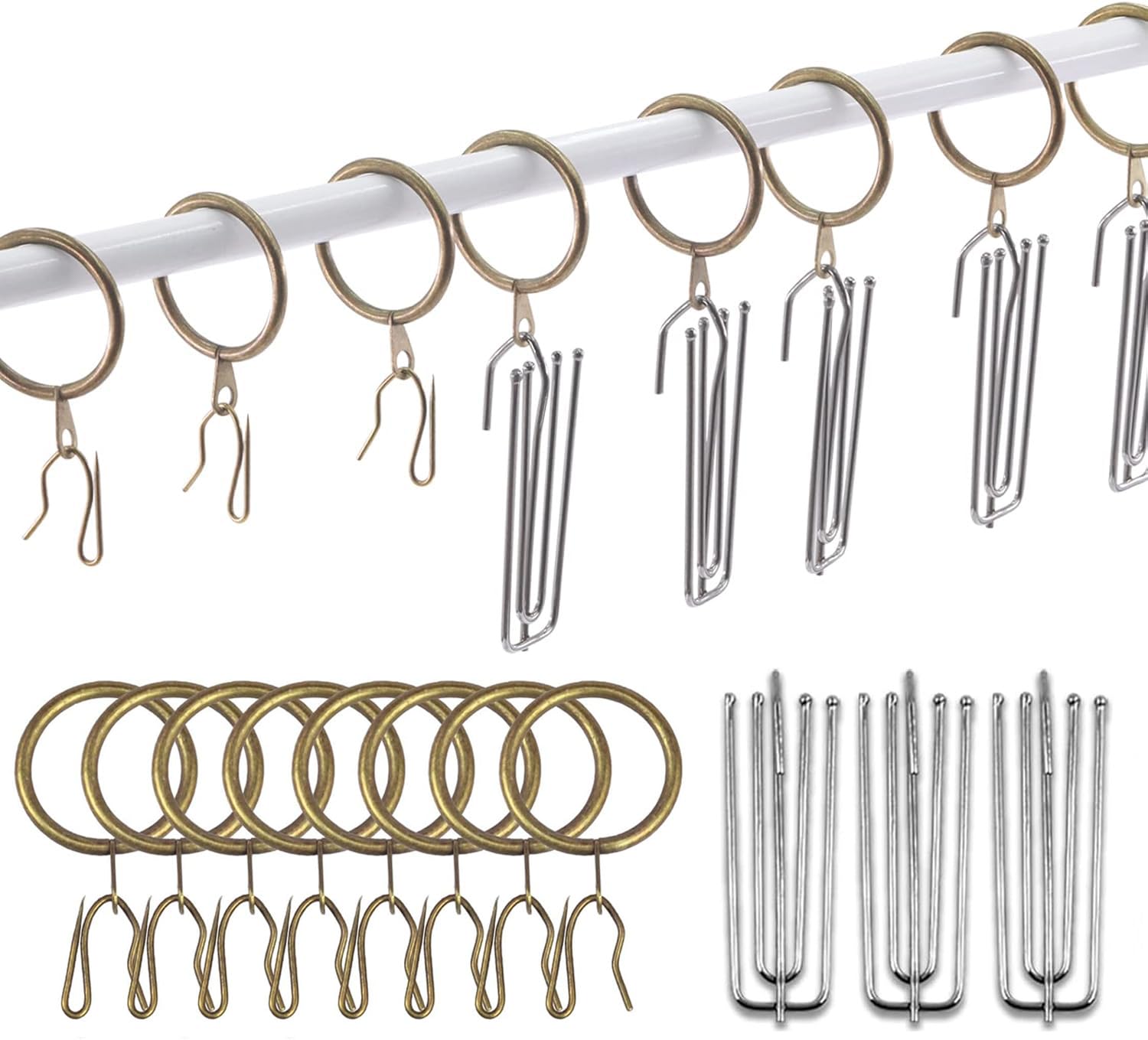 Photo 1 of 120 Pcs 1.2 Inch - 30mm Antique Brass Metal Drapery Curtain Rings Curtain Hanging Rings and Stainless Steel 4 Prongs Pinch Pleat Hook with Drapery Curtain Pin-on Hooks Pins for Bathroom, Living