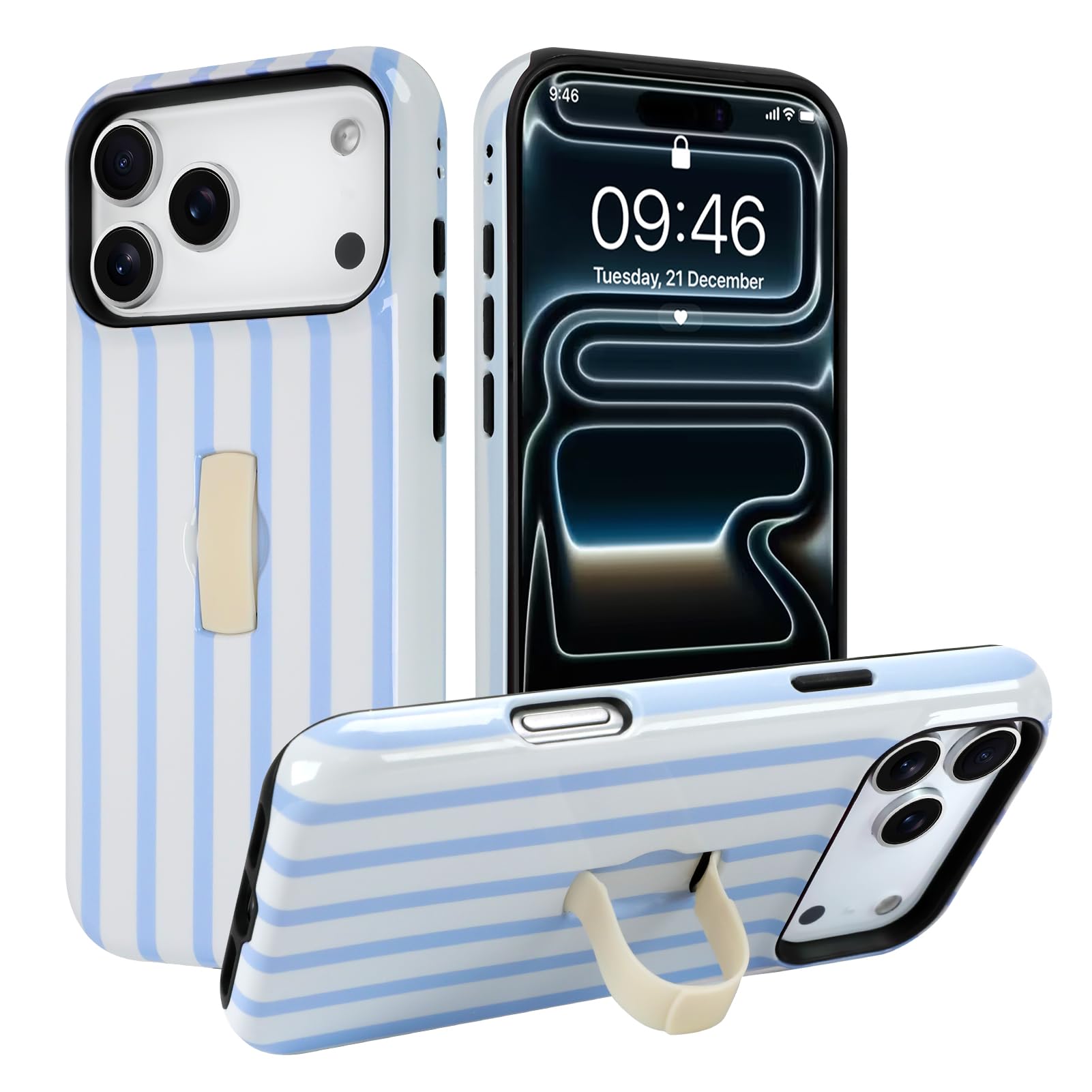 SOKAD Vertical Stripes Phone Case for iPhone 17 Pro with Finger Strap Kickstand, Cute Striped Line Pattern for Girls Women, Glossy Shockproof Protective Cover, Light Blue